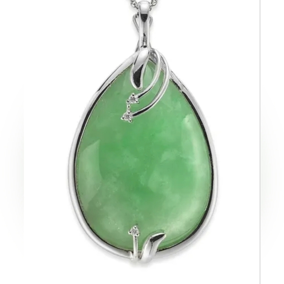 Jade Jewelry - Large Green Jade and Diamond Pendant set in Silver 25x35mm